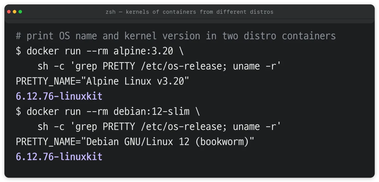 Terminal showing Alpine and Debian containers printing the same kernel version