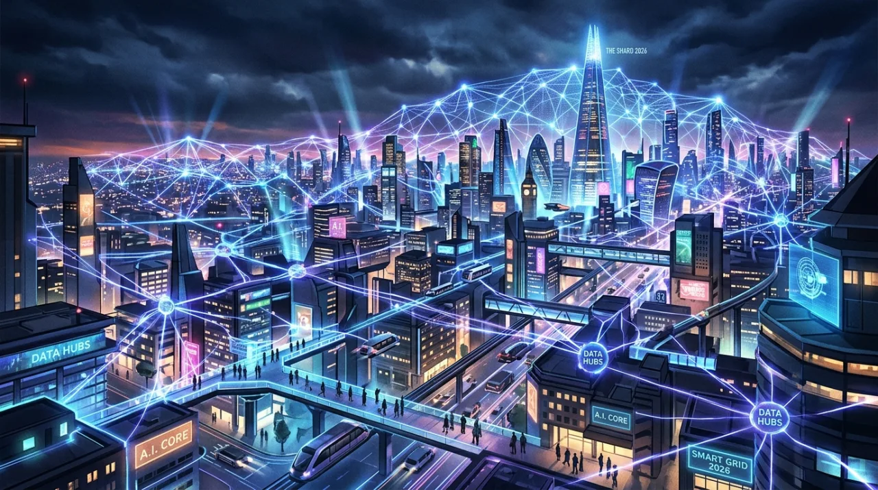 거대한 데이터 네트워크 위에 세워진 2026년의 초연결 스마트 시티 콘셉트 아트