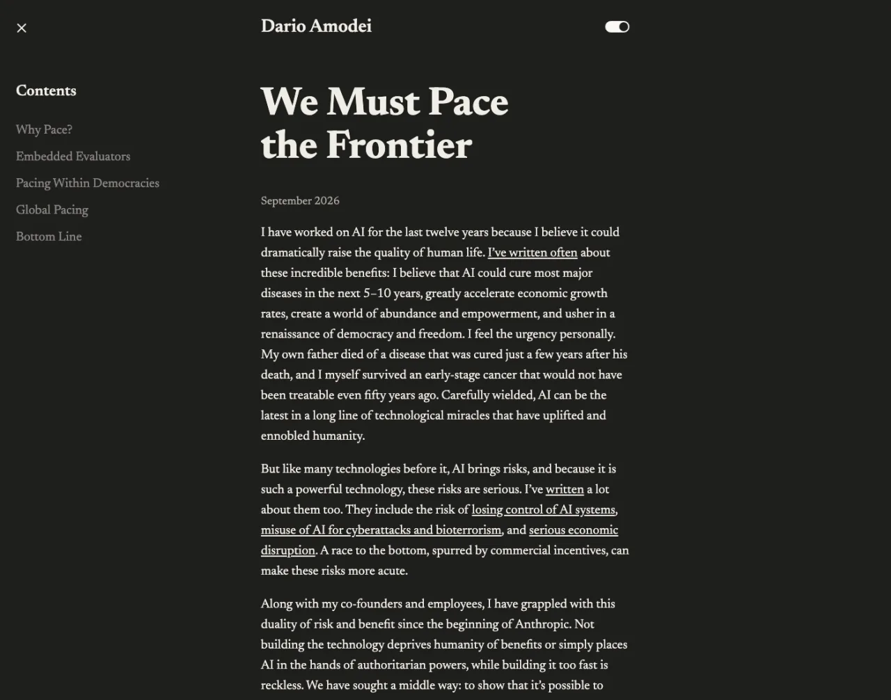 다리오 아모데이 웹사이트에 실린 We Must Pace the Frontier 에세이