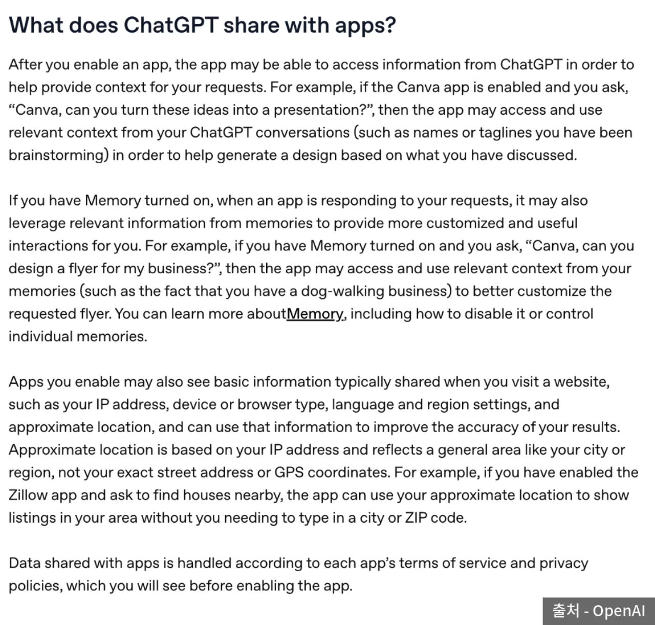 OpenAI 도움말 What does ChatGPT share with apps 절