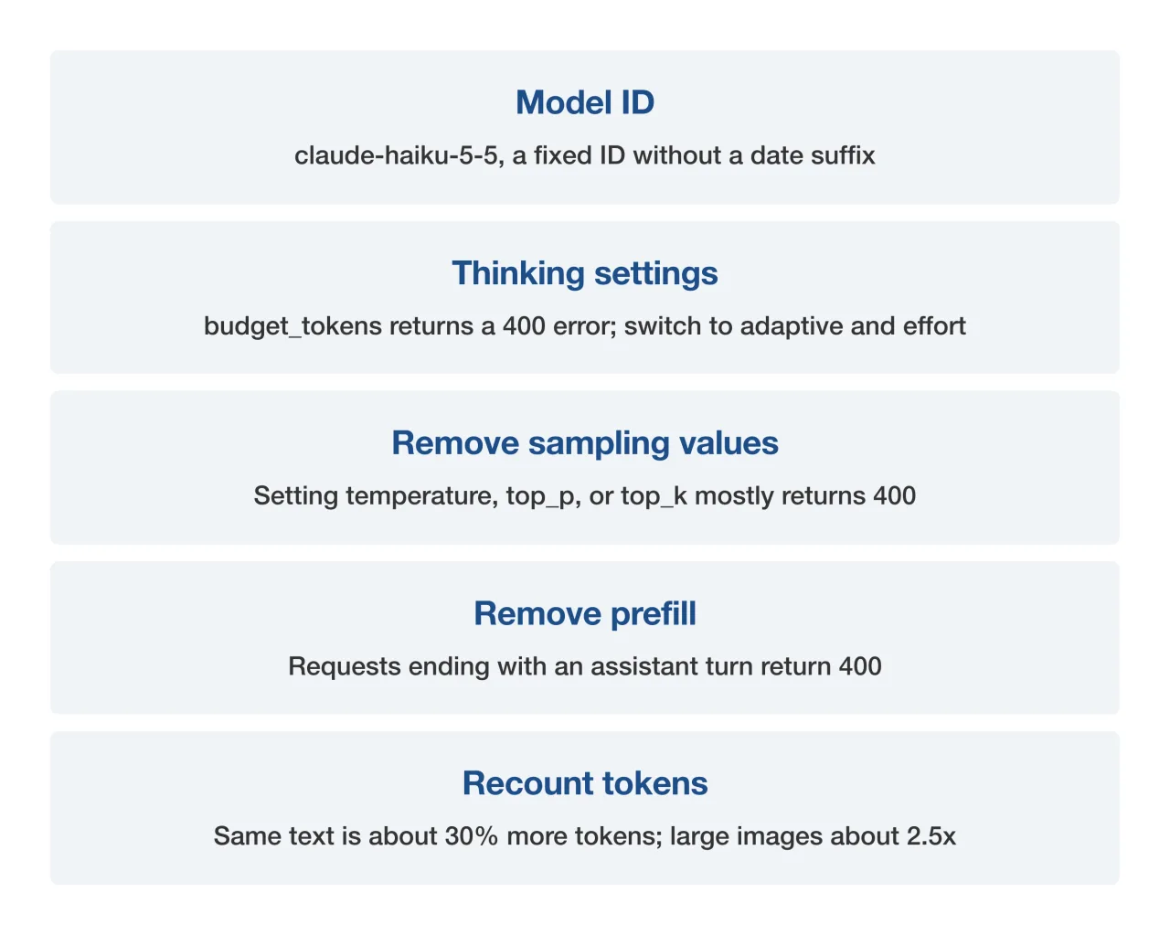 Summary card of settings to change when switching to Haiku 5.5