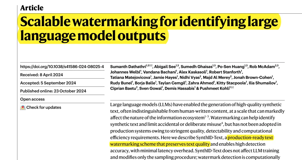 Nature 논문 Scalable watermarking for identifying large language model outputs 제목·저자·초록