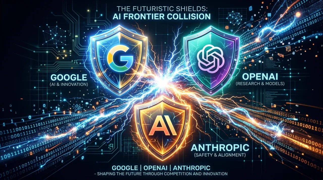 글로벌 빅테크 기업들의 AI 프런티어 모델 성능 경쟁 구도와 시장 점유율의 삼파전 흐름을 도식화한 인포그래픽 콘셉트