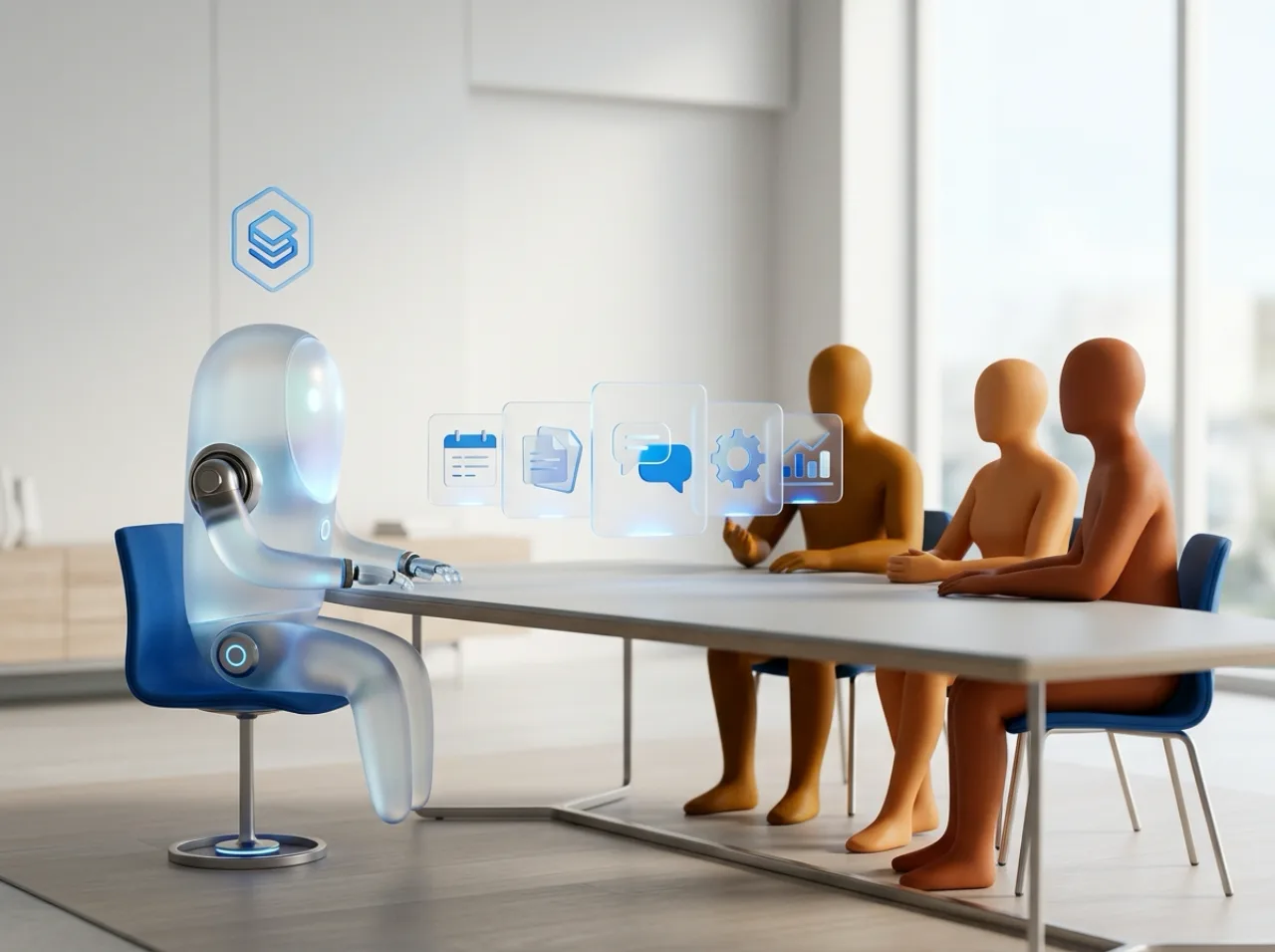 Concept image of an agent coworker working beside human teammates