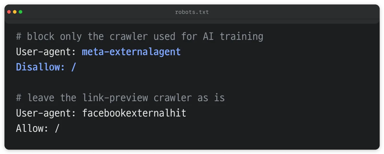 robots.txt example that blocks only meta-externalagent and allows the link-preview crawler