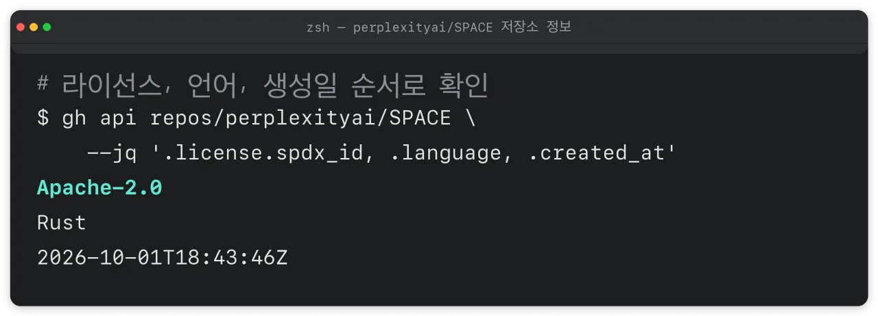 GitHub API로 perplexityai/SPACE 저장소의 라이선스와 언어를 확인한 터미널 화면