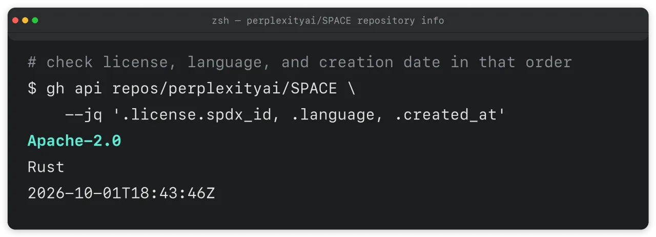 Terminal checking the license and language of the perplexityai/SPACE repository via the GitHub API