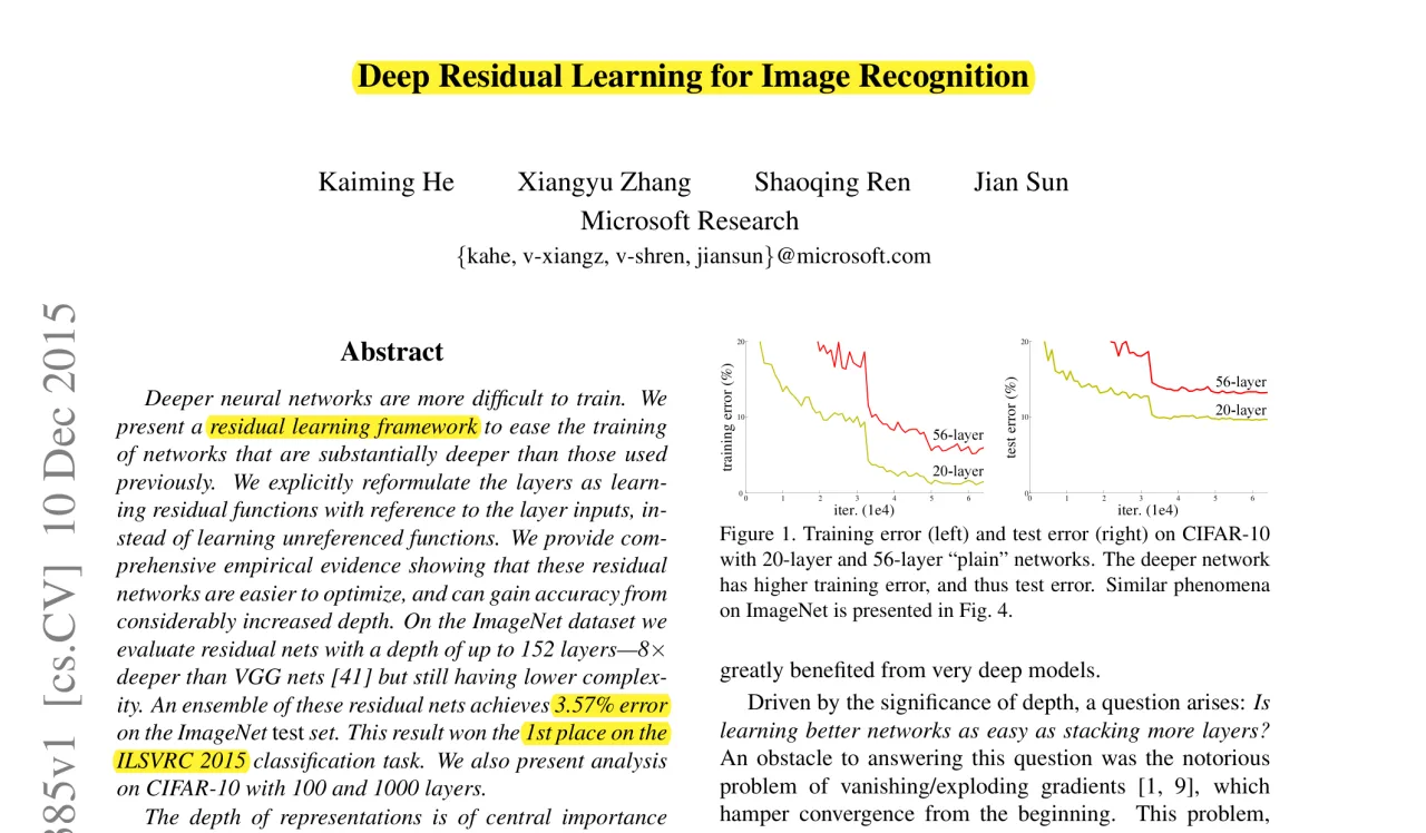 Deep Residual Learning for Image Recognition 논문 제목·저자·초록과 Figure 1