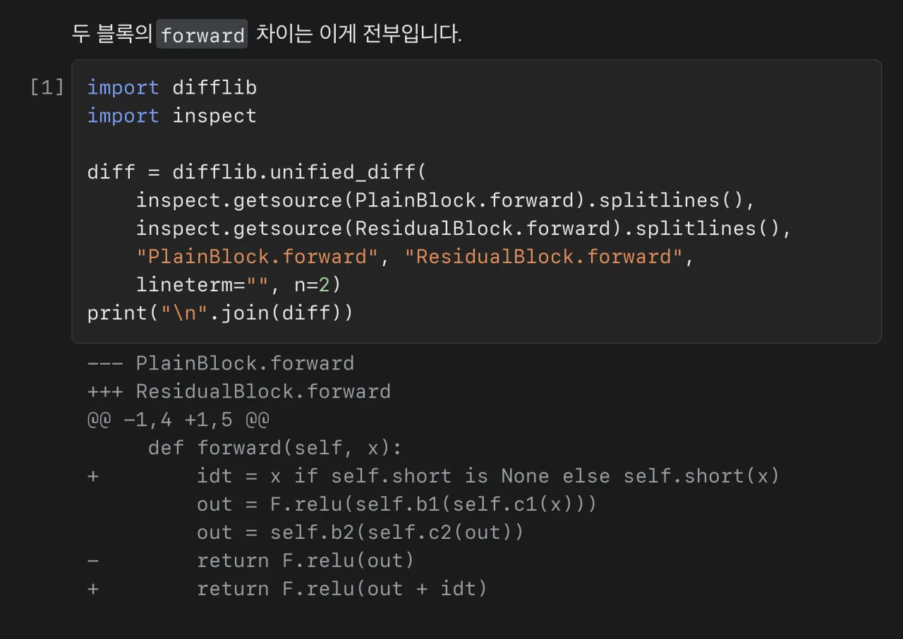 두 블록의 forward 차이를 diff로 출력한 노트북 셀