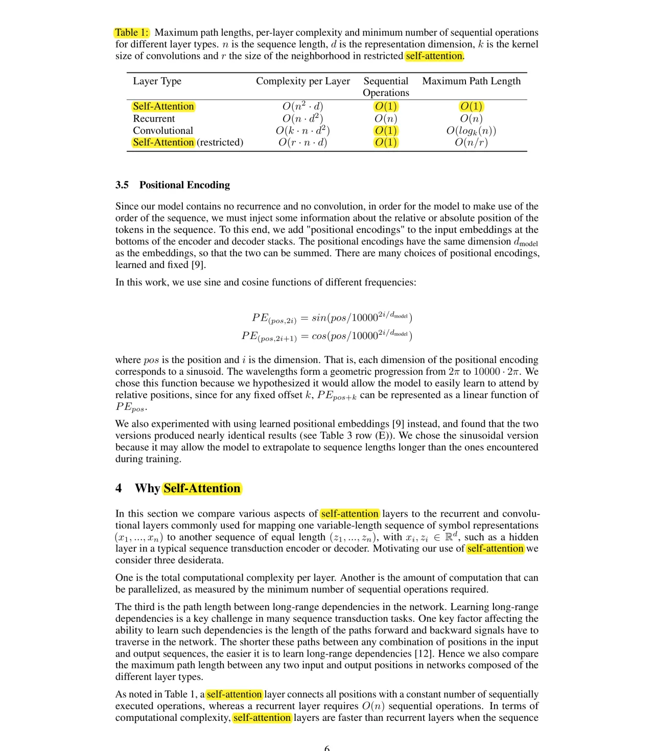 논문 Table 1 - 레이어 유형별 연산 복잡도, 순차 연산 수, 최대 경로 길이 비교 도표