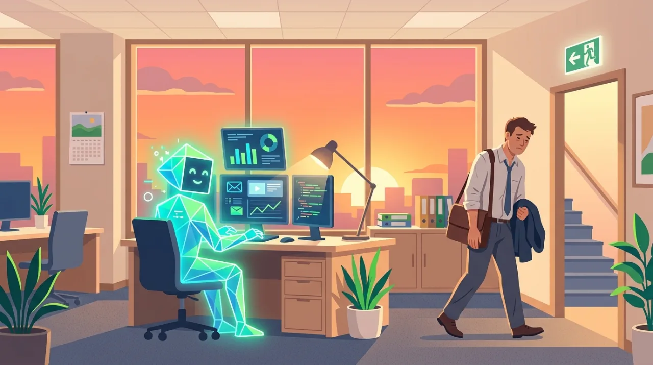 지친 직장인은 칼퇴하고 AI 비서가 대신 일하는 개념 컷