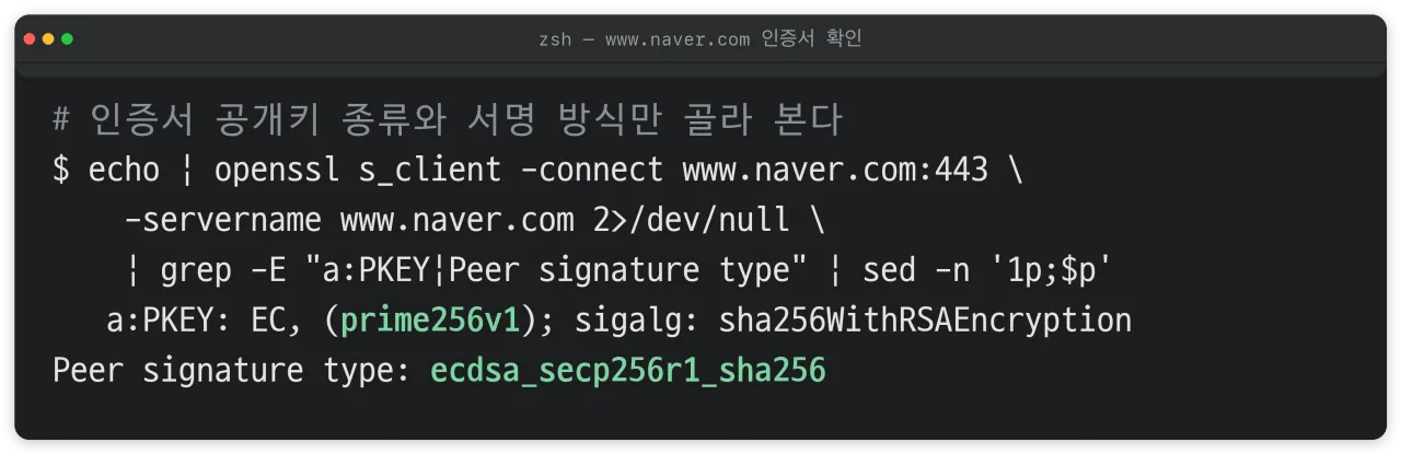 openssl로 www.naver.com 인증서의 공개키가 prime256v1인지 확인한 터미널 화면