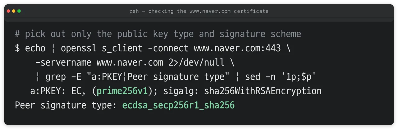 Terminal using openssl to check that the www.naver.com certificate's public key is prime256v1