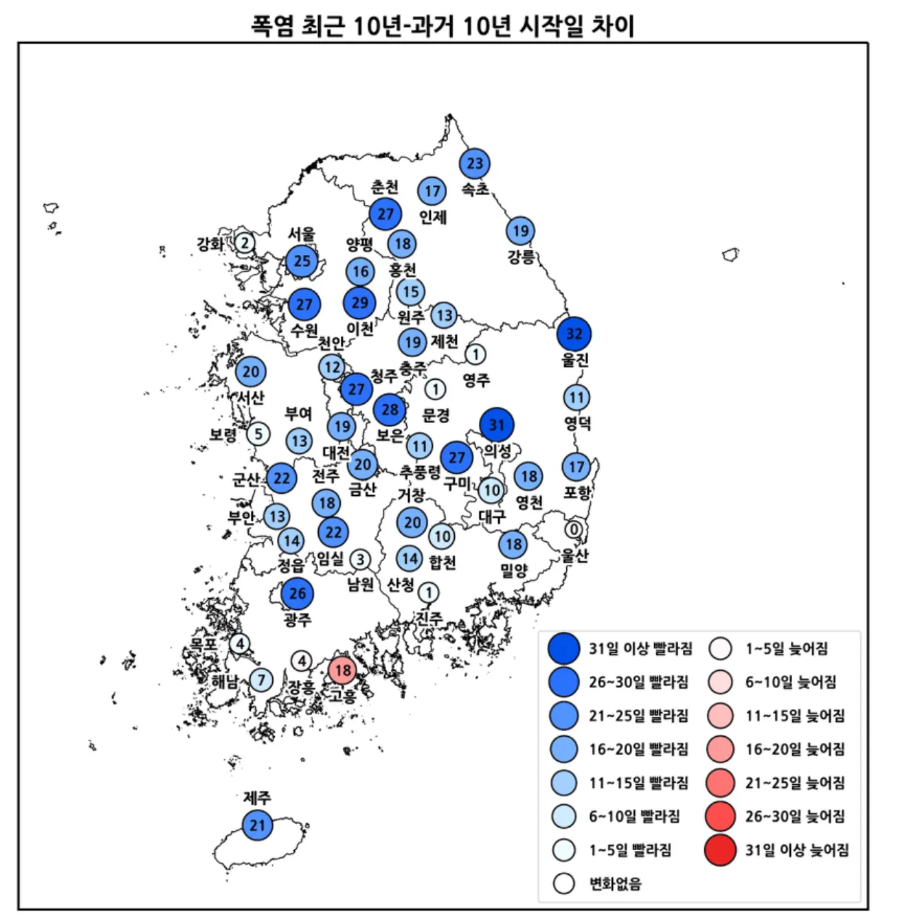 과거 10년 대비 최근 10년의 폭염 시작일 변화 (파란색일수록 빨라짐)