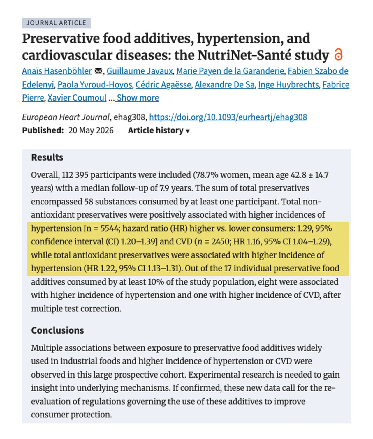 European Heart Journal 논문 제목과 초록 결과 문단, 위험비 부분 하이라이트