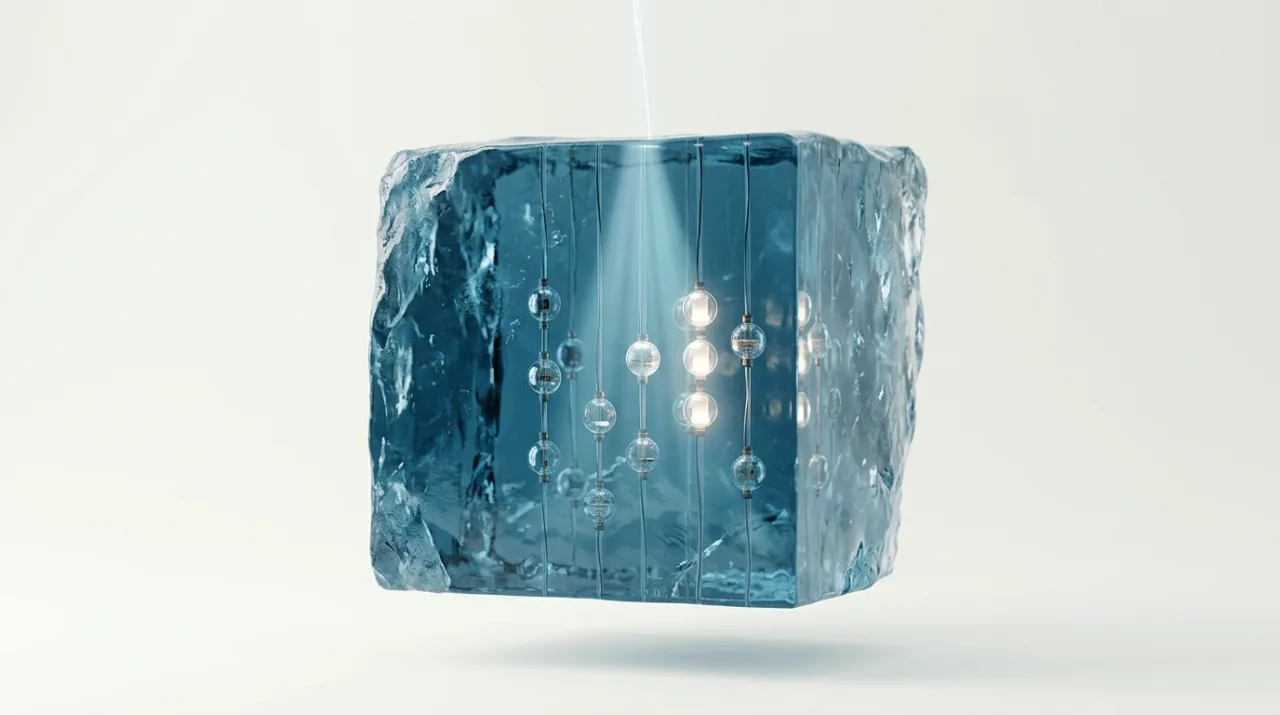 Concept image of a neutrino from space leaving light on a sensor in Antarctic ice