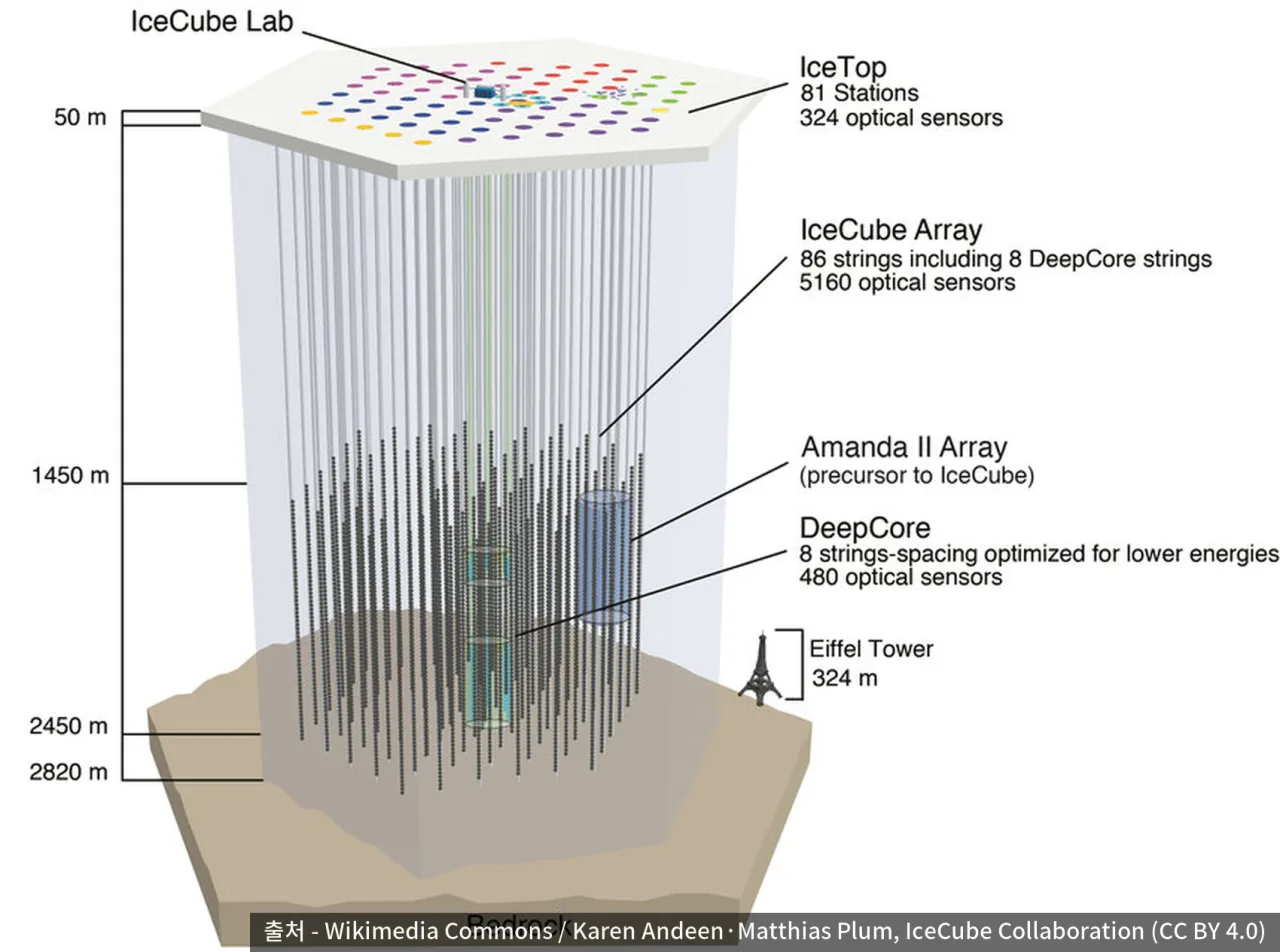 IceCube detector design, with cables and light sensors in the ice