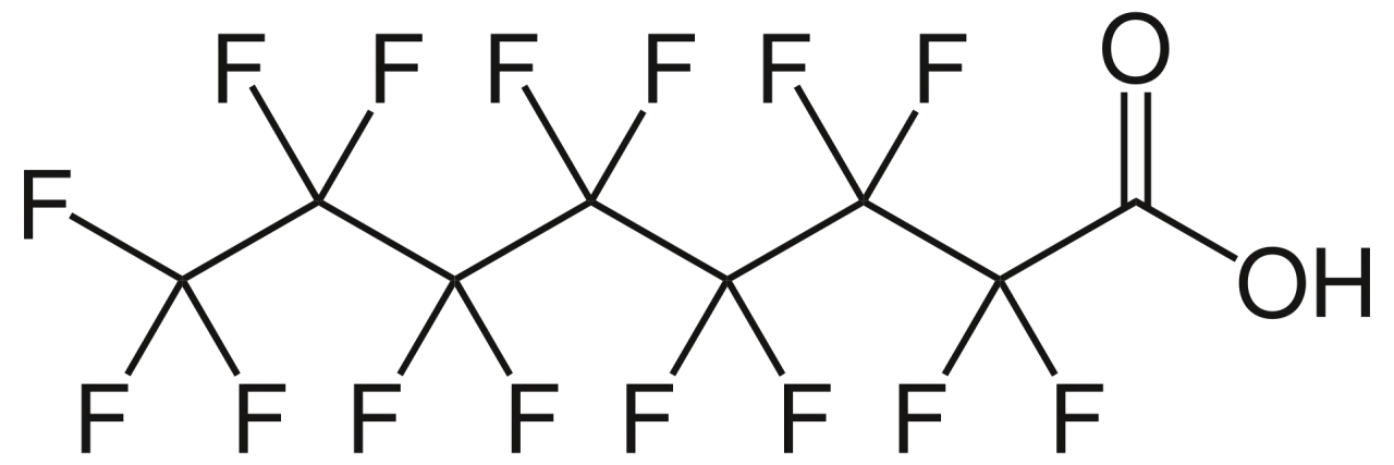 PFOA(C8, 과불화옥탄산) 구조식 — 탄소 8개 사슬에 불소 15개가 결합
