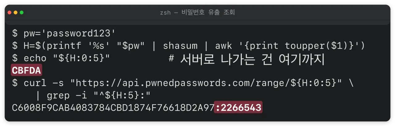 해시 앞 5자리만 보내 유출 횟수를 확인한 실제 조회