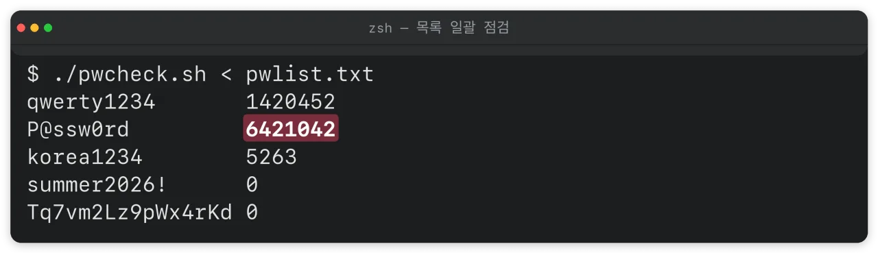 비밀번호 목록을 한 번에 조회한 결과