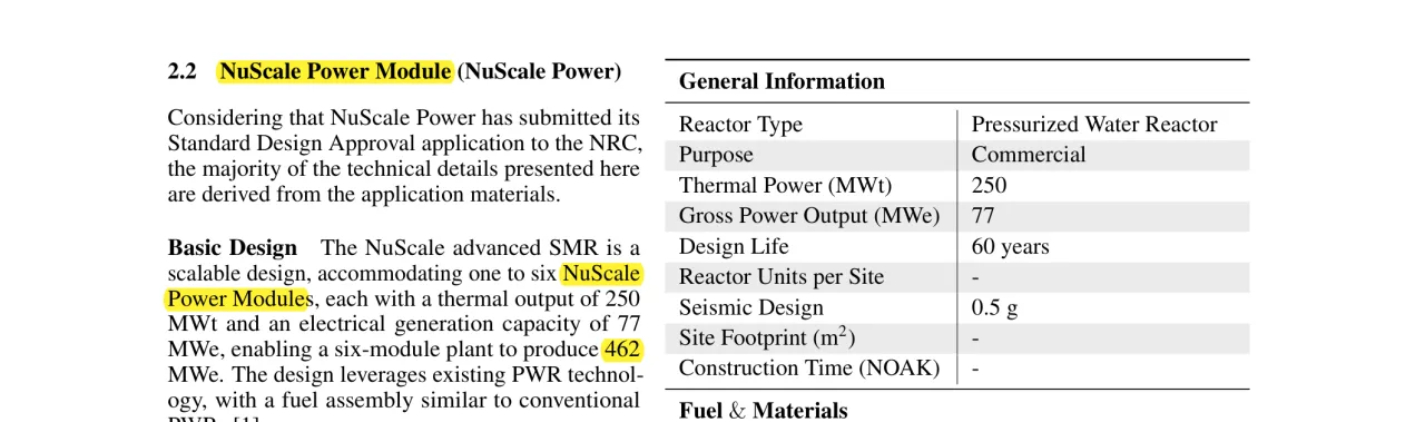 NuScale 모듈 사양 — 열출력 250MWt, 전기출력 77MWe, 6모듈 462MWe