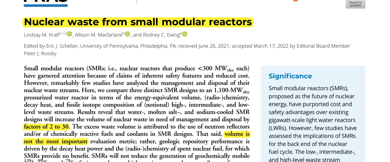 SMR 폐기물을 다룬 PNAS 논문 초록 (Krall·Macfarlane·Ewing, 2022)