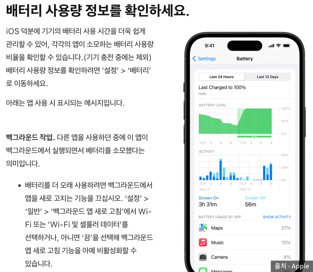 Apple 배터리 안내의 배터리 사용량 화면