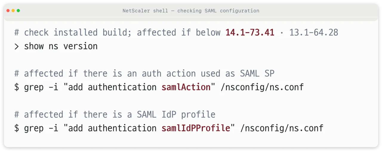 Commands for checking NetScaler SAML configuration