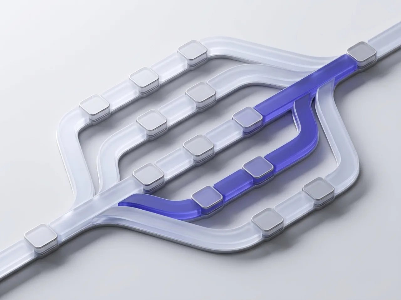 브랜치가 갈라지고 합쳐지는 모습을 표현한 3D 에디터리얼 콘셉트 씬