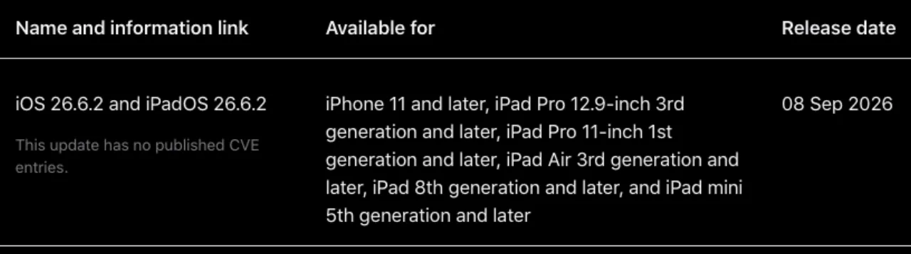 애플 보안 릴리스 목록의 iOS 26.6.2 행