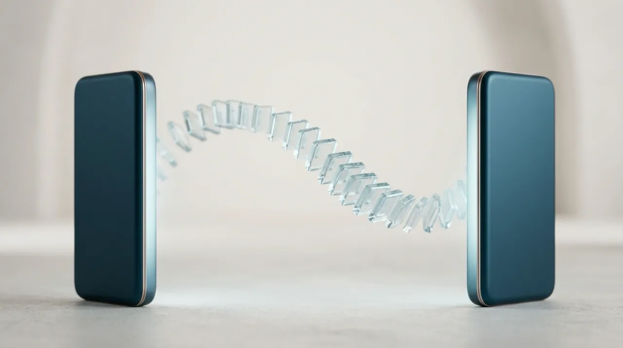 두 대의 iPhone 사이로 데이터가 옮겨지는 개념 컷