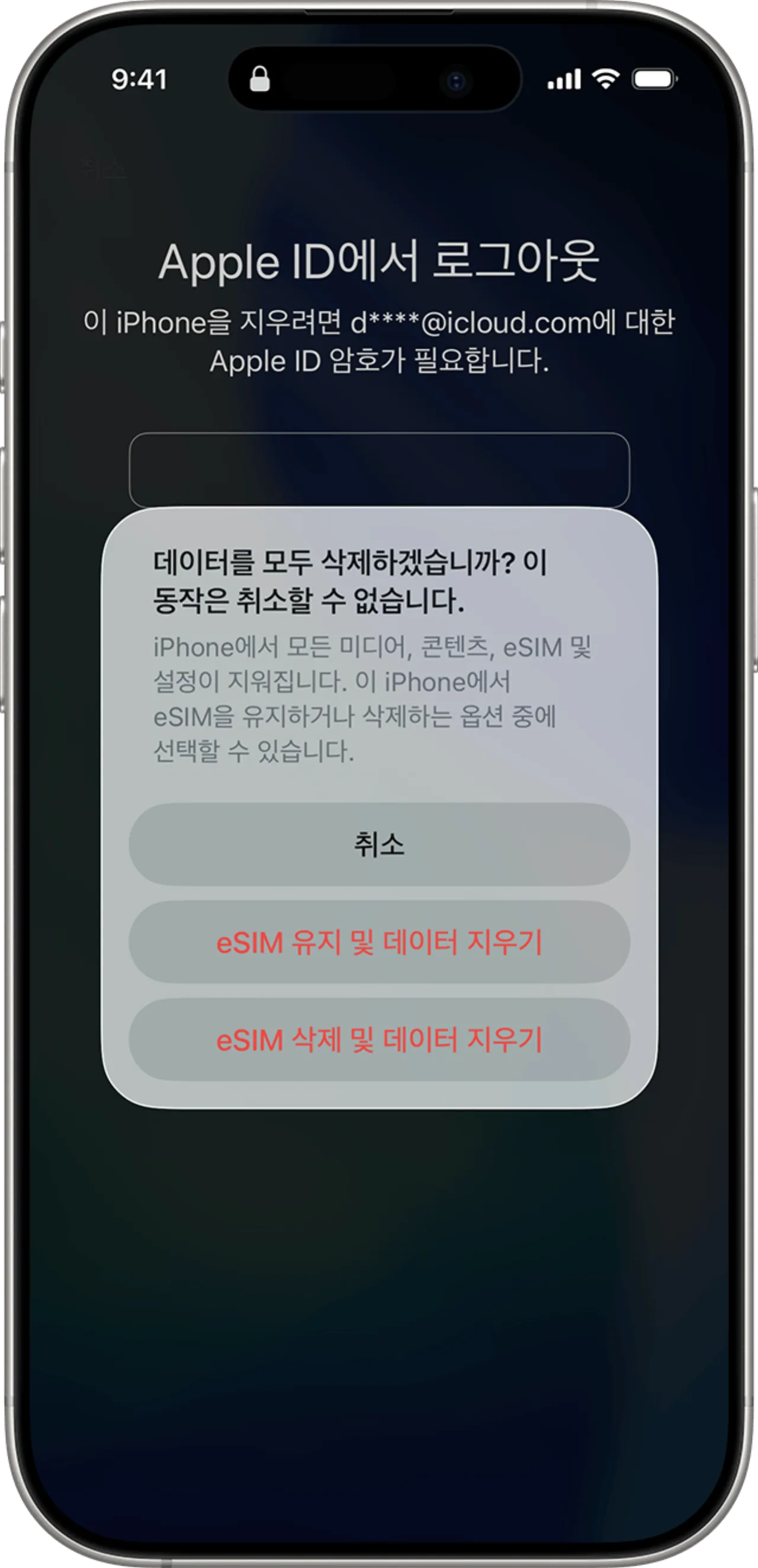 암호를 잊었을 때 뜨는 기기 재설정 안내 화면