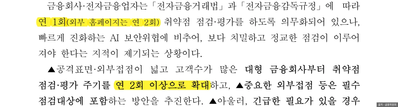 금융위원회 보도참고자료 중 취약점 점검 주기 문단