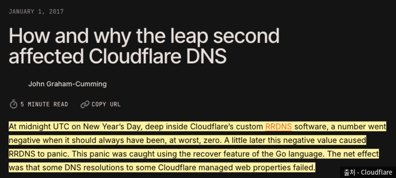 Cloudflare 2017년 윤초 장애 기록 제목과 원인 문단