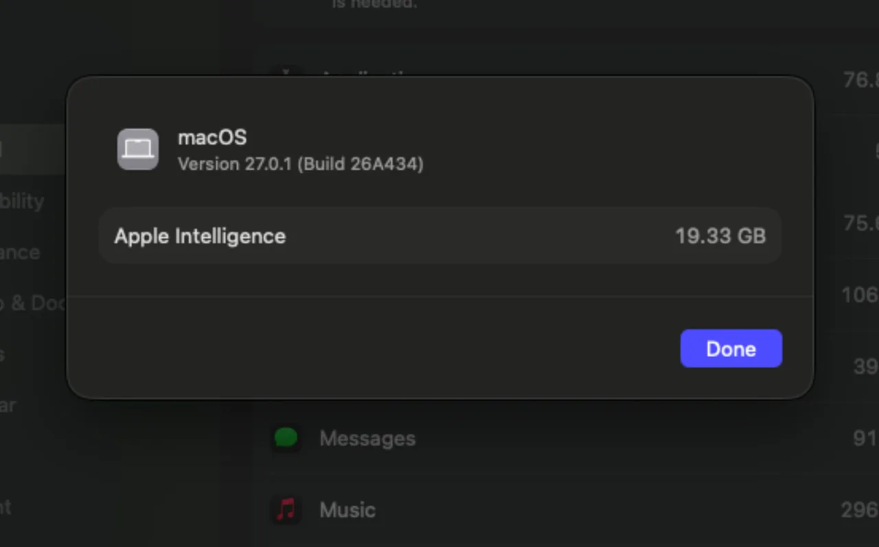 macOS 정보 창에 표시된 Apple Intelligence 19.33GB