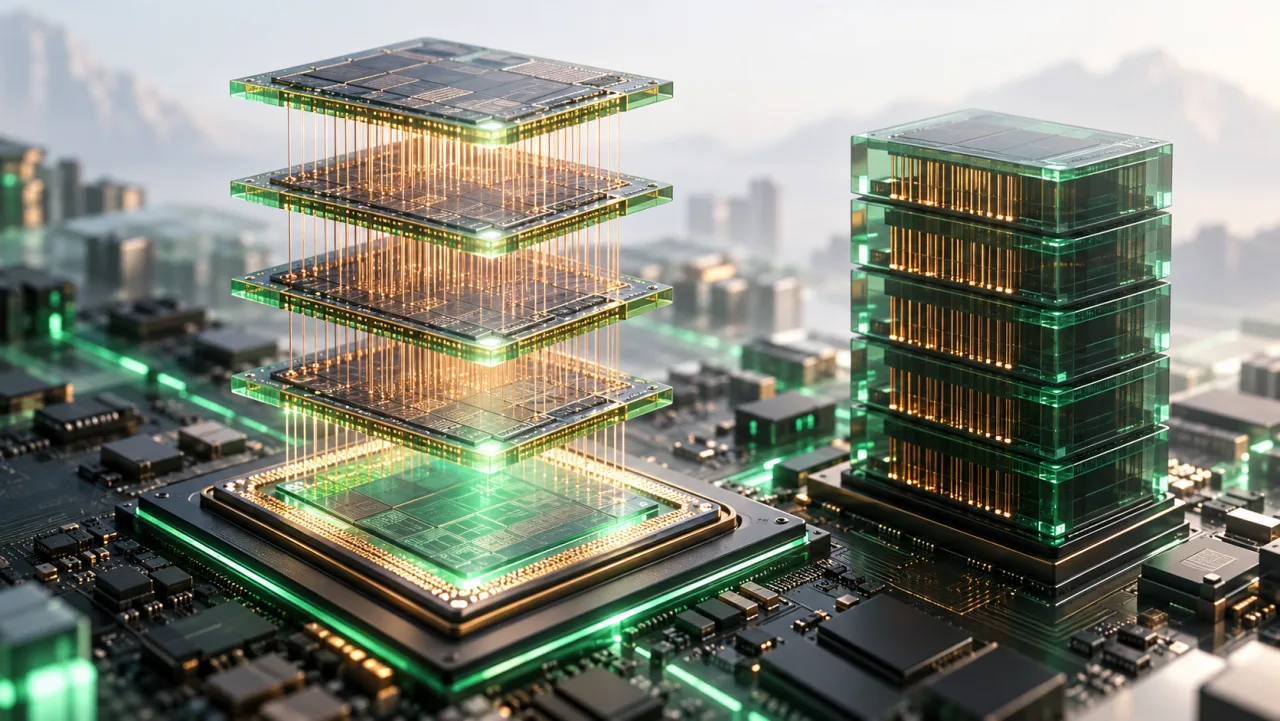GPU 칩 위에 D램 층을 수직으로 쌓고 미세한 관통 전극으로 잇는 구조를 표현한 개념 컷