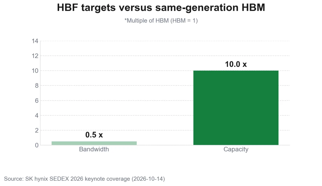 Bar chart of HBF targets of 0.5x bandwidth and 10x capacity versus same-generation HBM