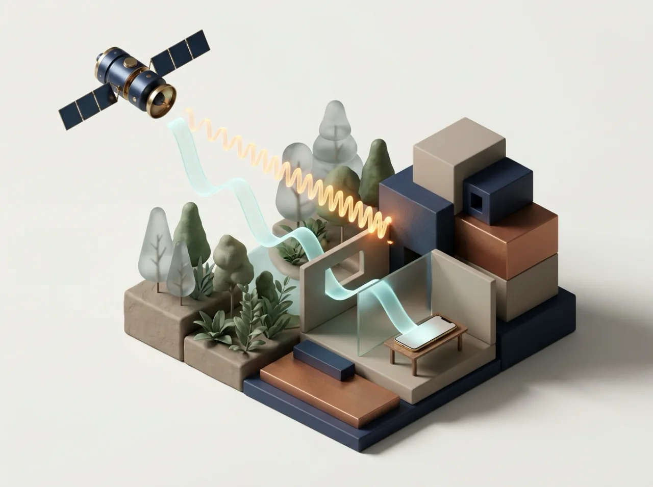 Concept image of low-band radio waves passing through buildings and forest to reach a phone