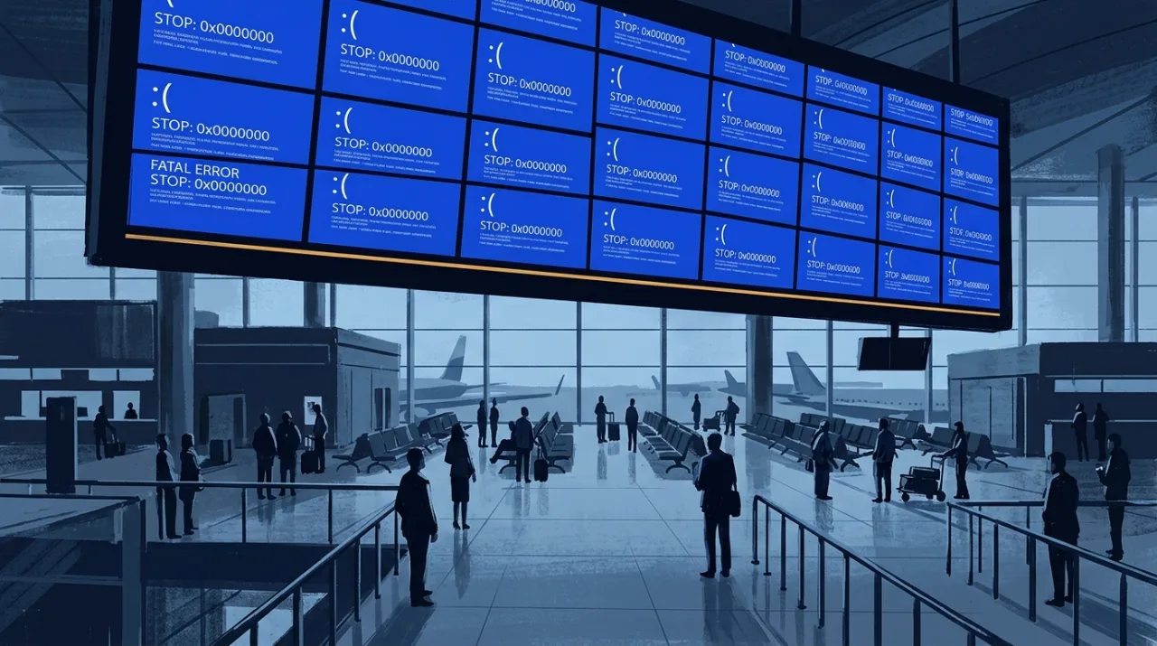 모든 항공편 정보가 파란 오류 화면으로 바뀐 공항 전광판 콘셉트
